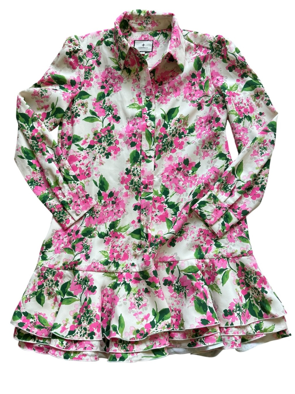 Tuckernuck Callahan Shirt Dress S Gossamer Pink Hydrangea Floral Ruffle Mini